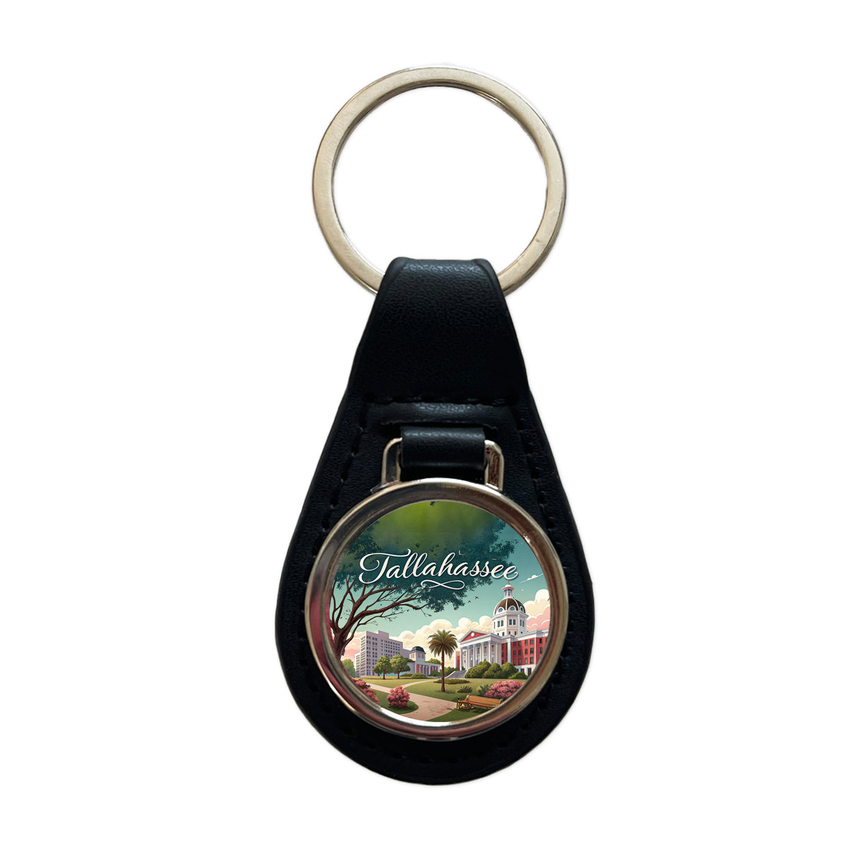 Tallahassee, Florida FL Travel City State Stamp Black Leather Metal Keychain