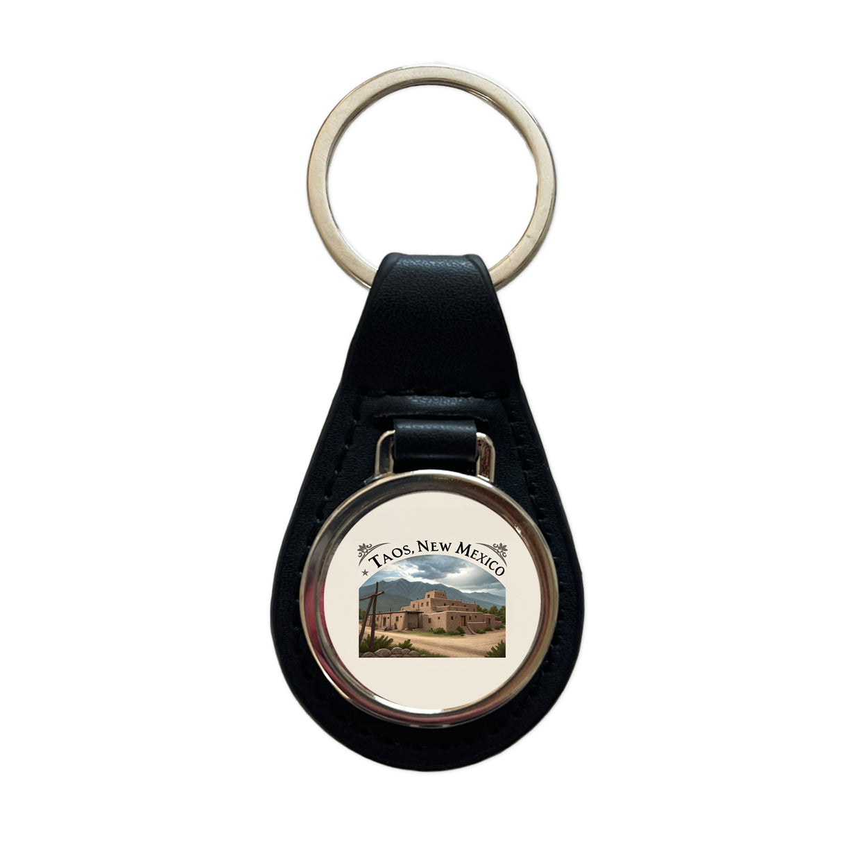Taos, New Mexico NM Travel City State Stamp Black Leather Metal Keychain