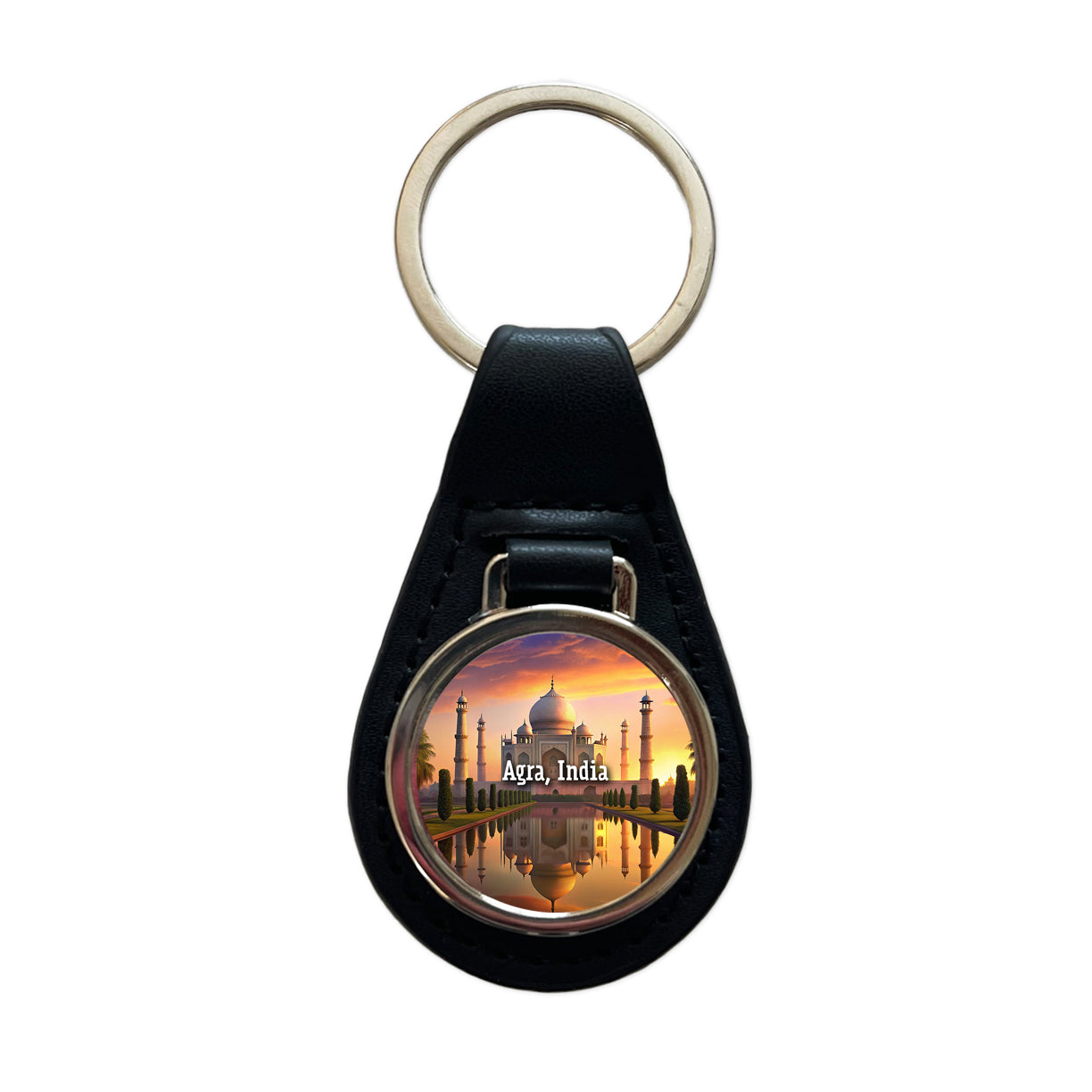 Agra, India Travel City Country Stamp Black Leather Metal Keychain