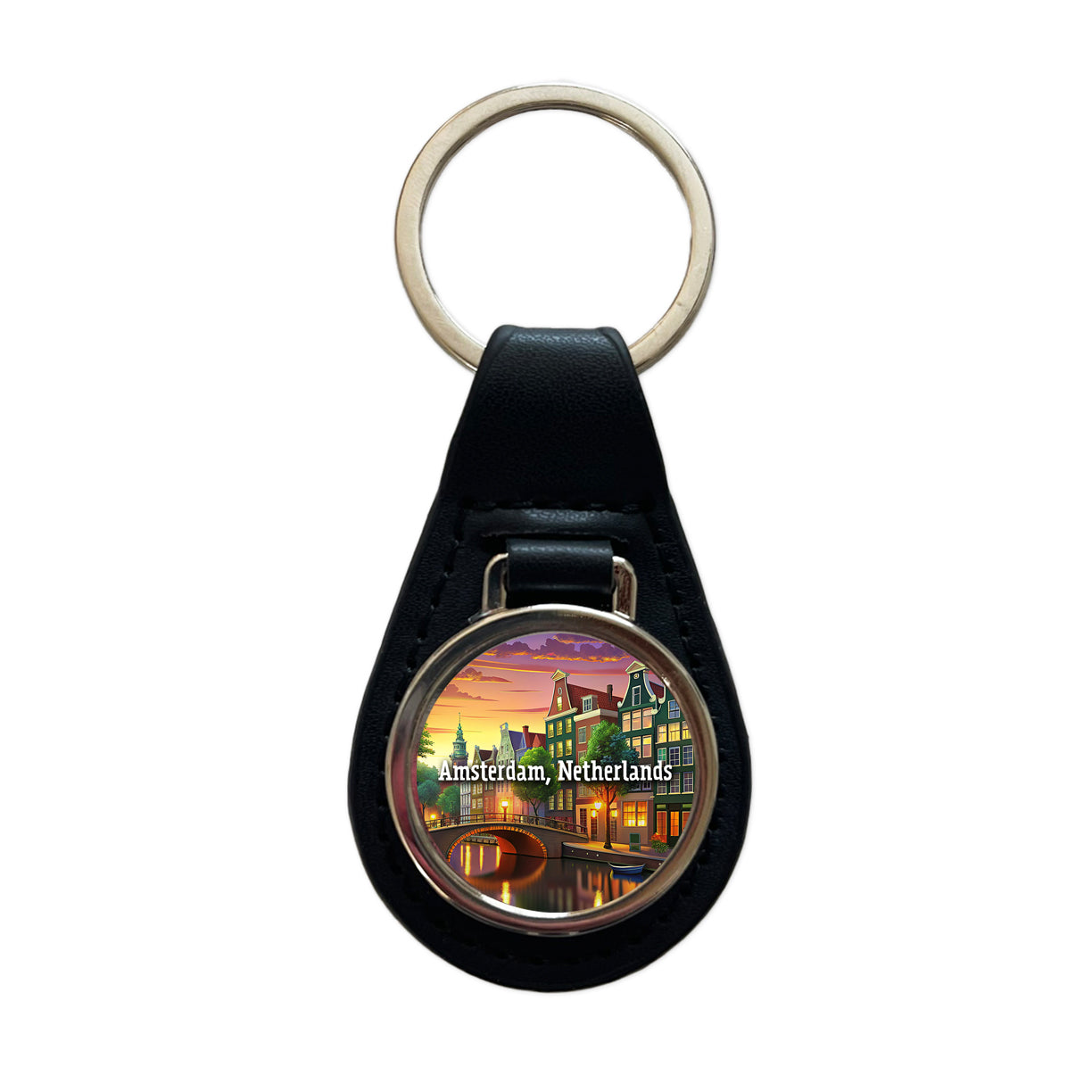 Amsterdam, Netherlands Travel City Country Stamp Black Leather Metal Keychain
