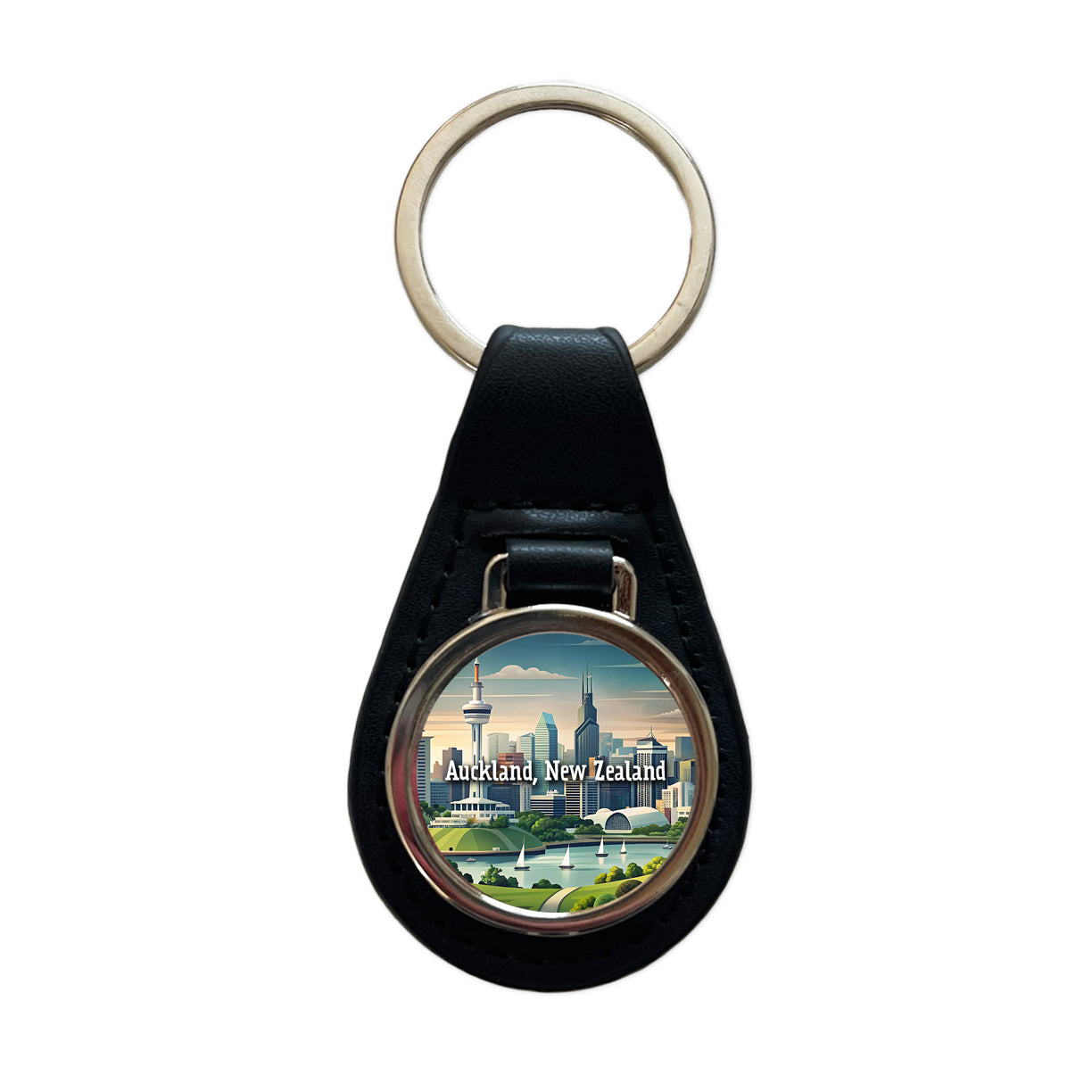 Auckland, New Zealand Travel City Country Stamp Black Leather Metal Keychain