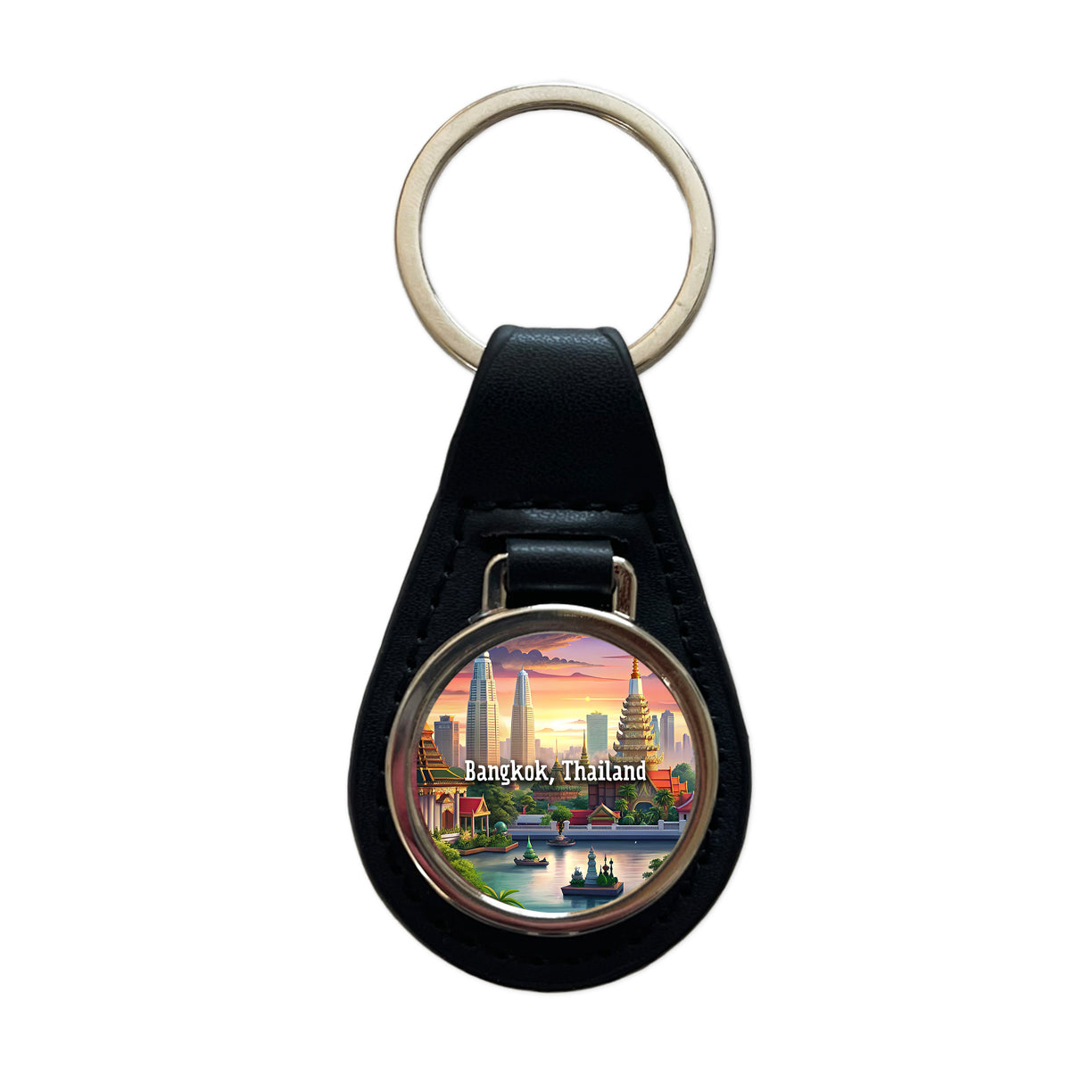Bangkok, Thailand Travel City Country Stamp Black Leather Metal Keychain