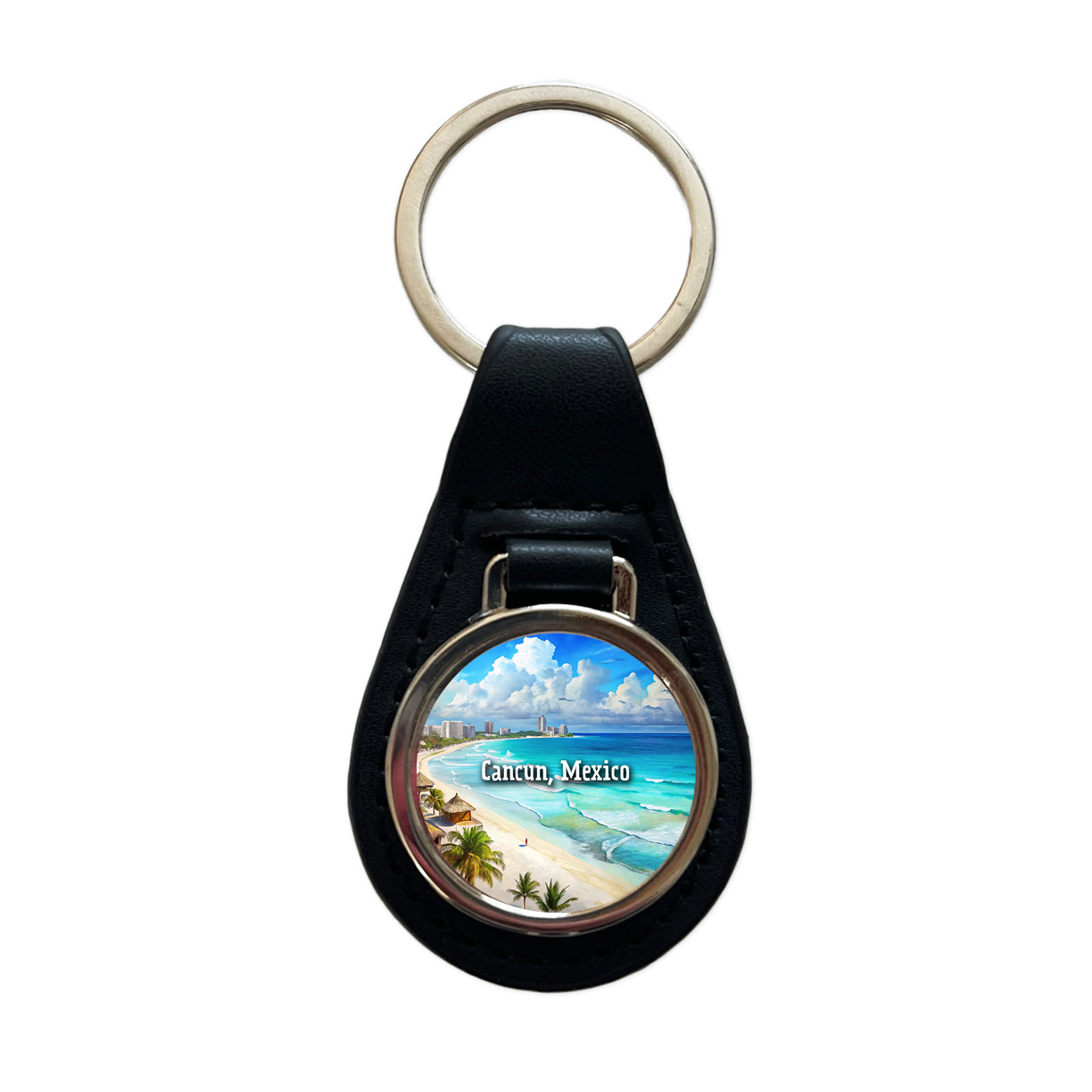 Cancun, Mexico Travel City Country Stamp Black Leather Metal Keychain