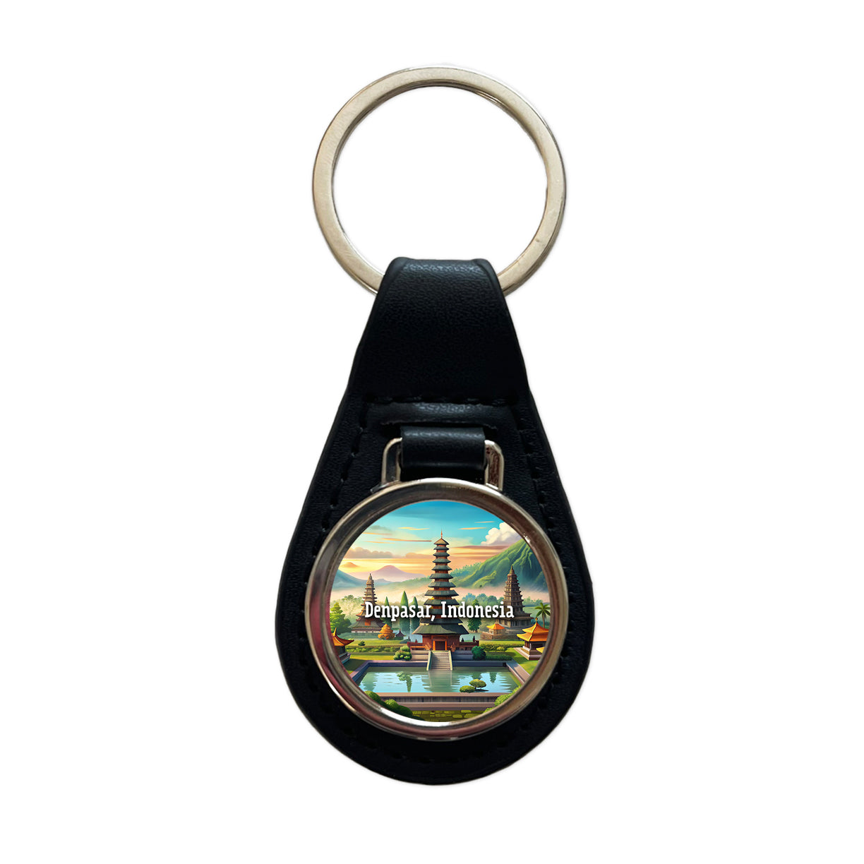 Denpasar, Indonesia Travel City Country Stamp Black Leather Metal Keychain