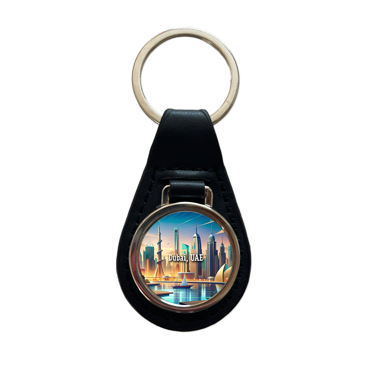 Dubai, UAE Travel City Country Stamp Black Leather Metal Keychain