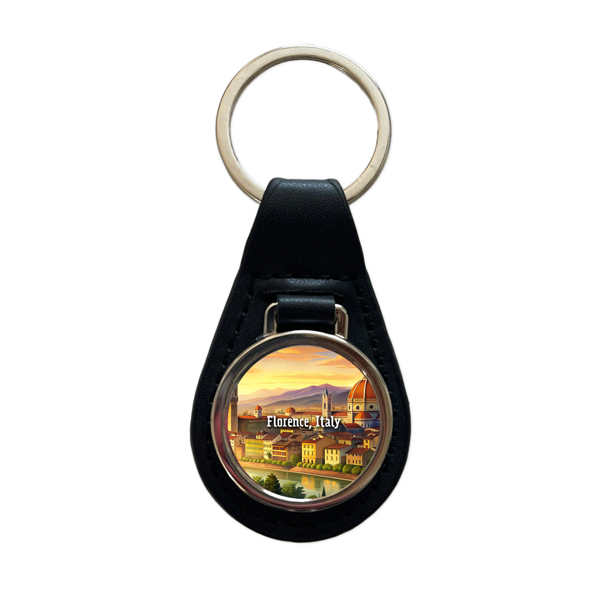Florence, Italy Travel City Country Stamp Black Leather Metal Keychain