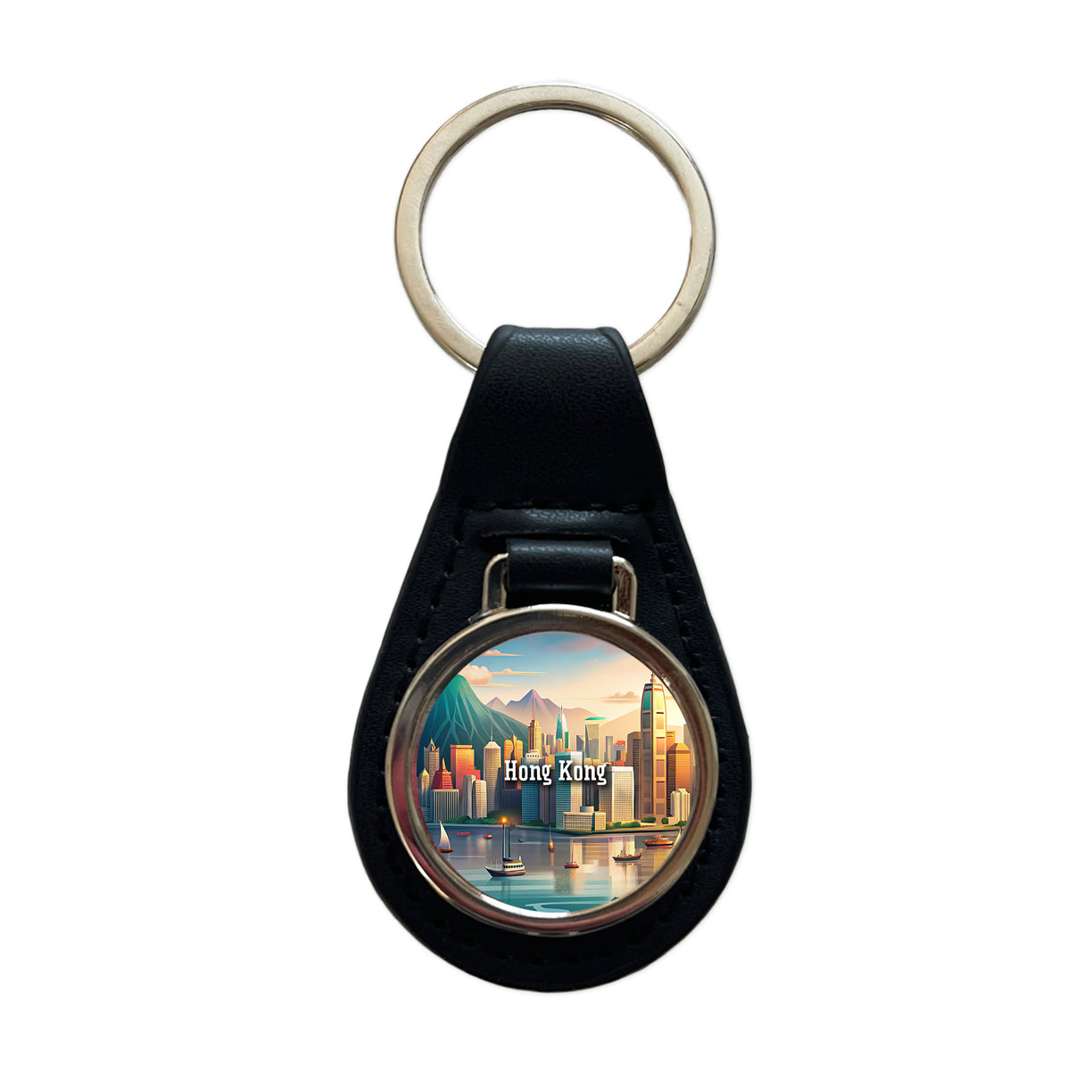 Hong Kong Travel City Country Stamp Black Leather Metal Keychain