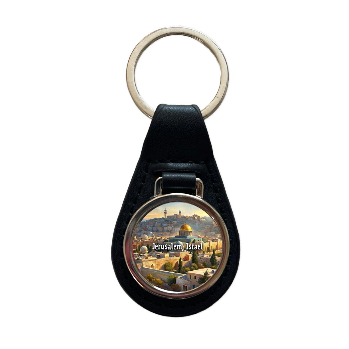 Jerusalem, Israel Travel City Country Stamp Black Leather Metal Keychain