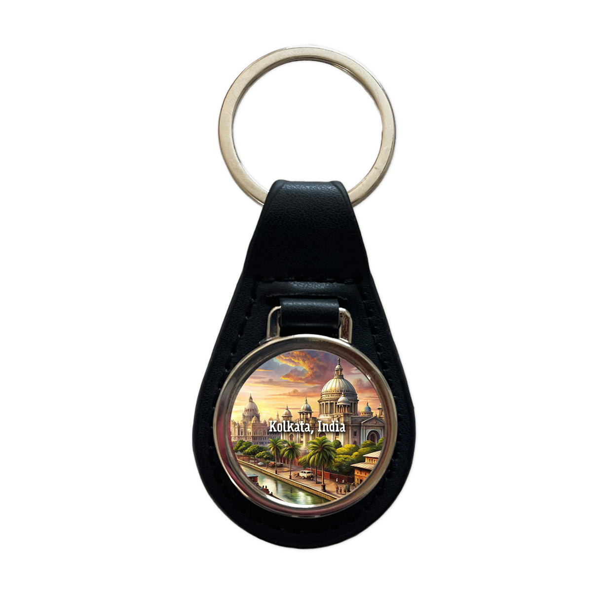 Kolkata, India Travel City Country Stamp Black Leather Metal Keychain