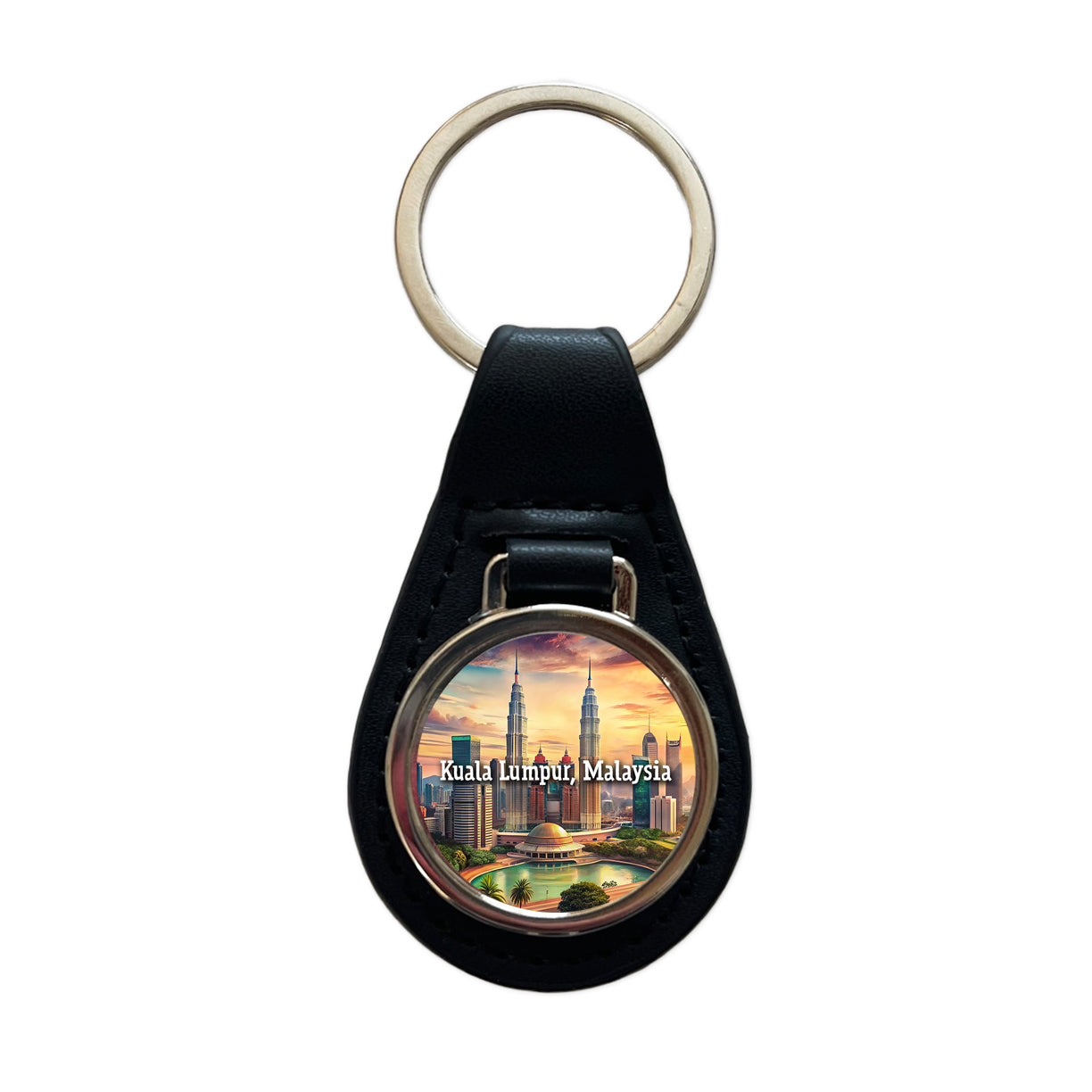 Kuala Lumpur, Malaysia Travel City Country Stamp Black Leather Metal Keychain