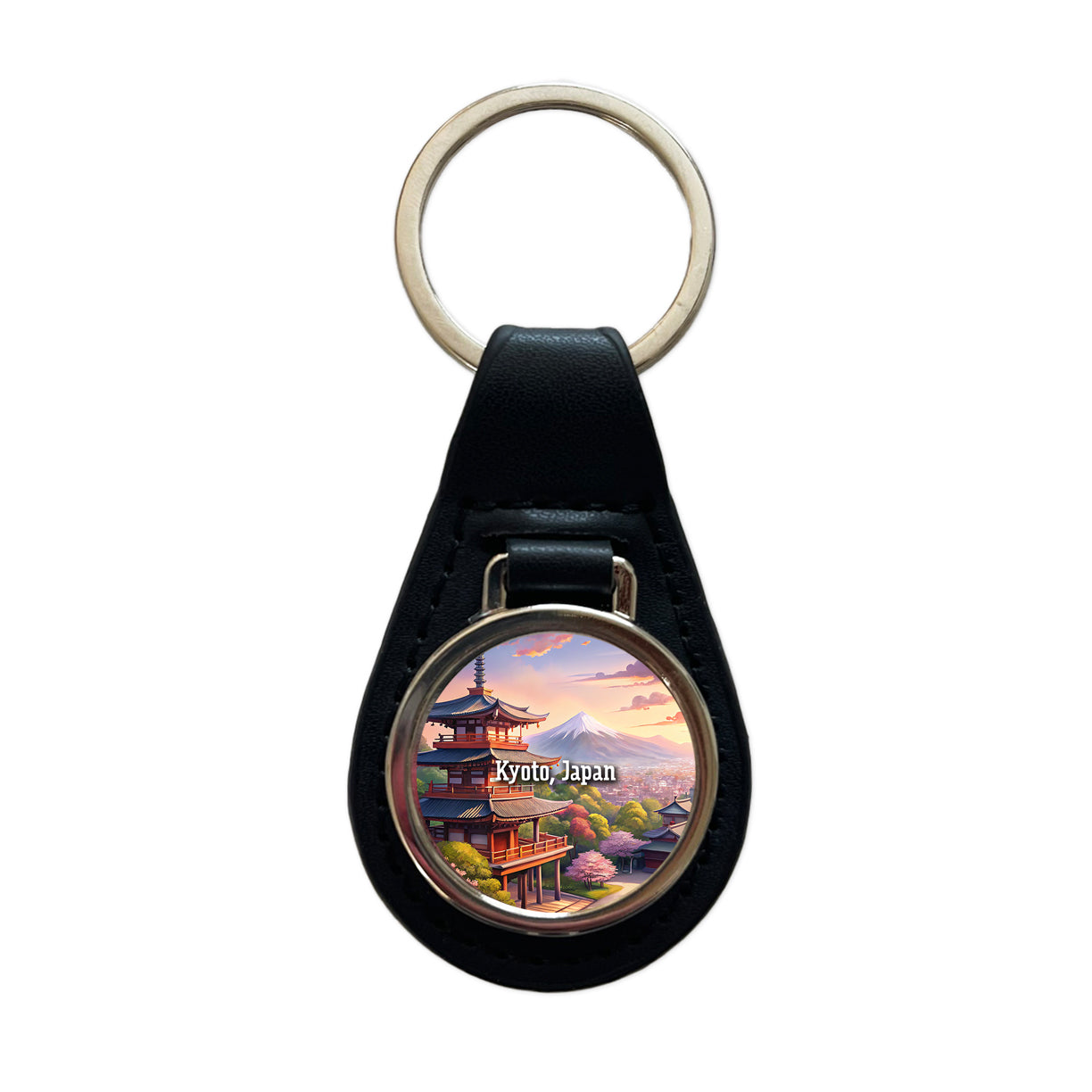 Kyoto, Japan Travel City Country Stamp Black Leather Metal Keychain