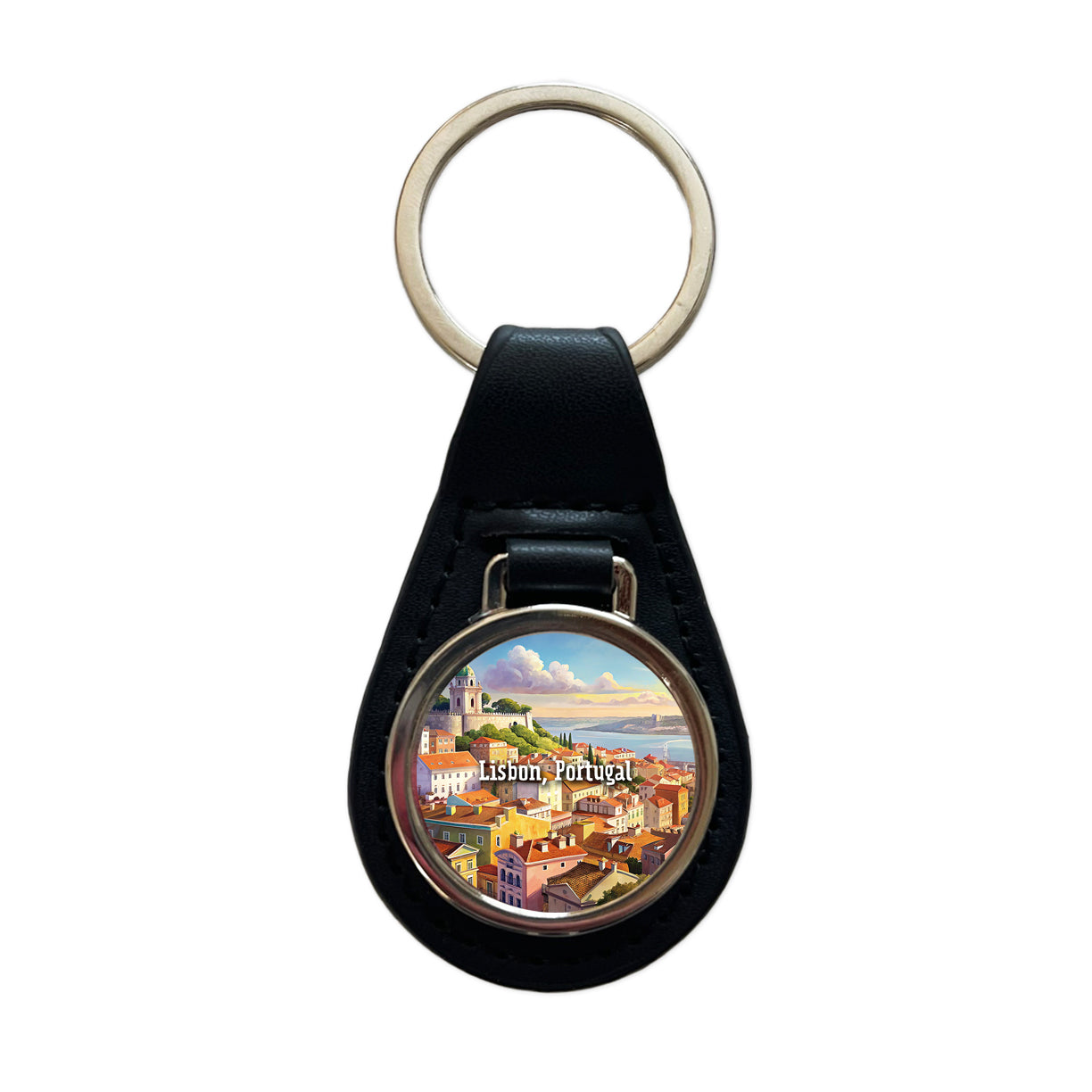 Lisbon, Portugal Travel City Country Stamp Black Leather Metal Keychain