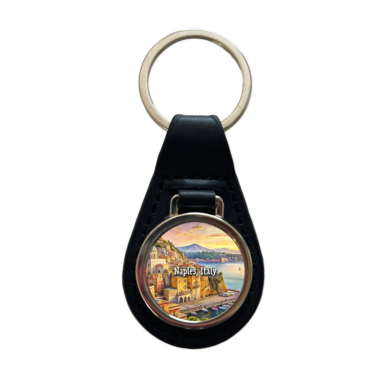 Naples, Italy Travel City Country Stamp Black Leather Metal Keychain