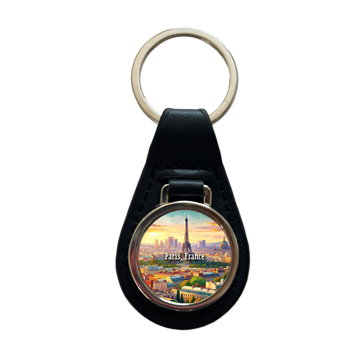 Paris, France Travel City Country Stamp Black Leather Metal Keychain