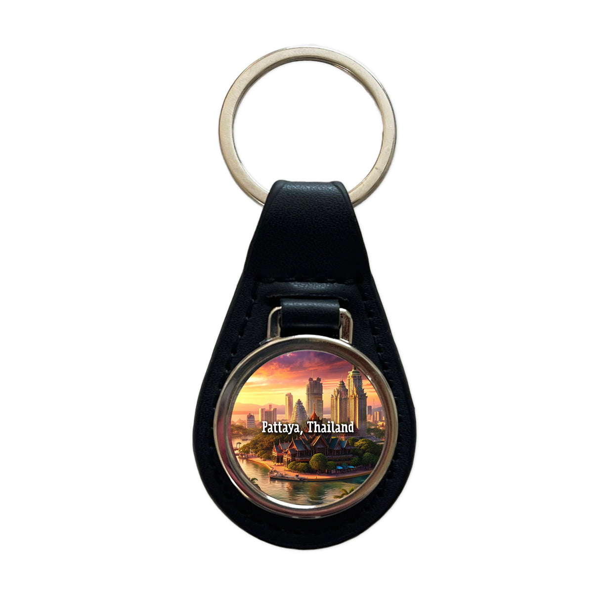 Pattaya, Thailand Travel City Country Stamp Black Leather Metal Keychain