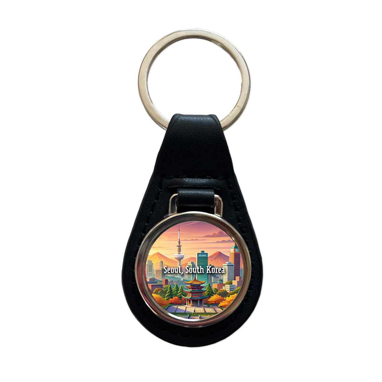 Seoul, South Korea Travel City Country Stamp Black Leather Metal Keychain