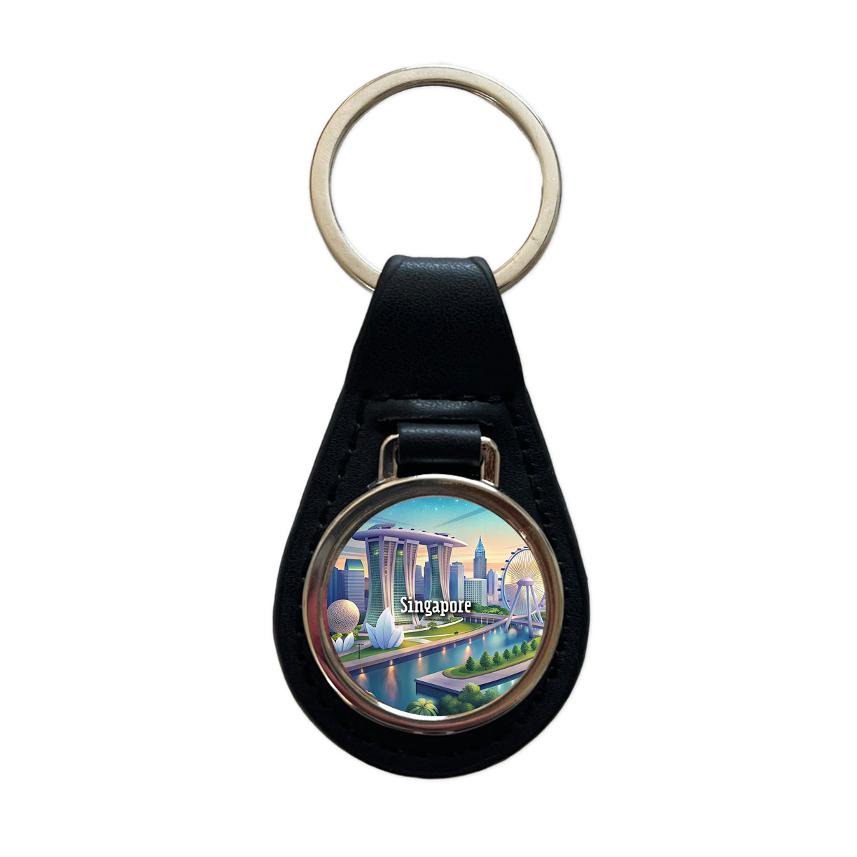 Singapore Travel City Country Stamp Black Leather Metal Keychain
