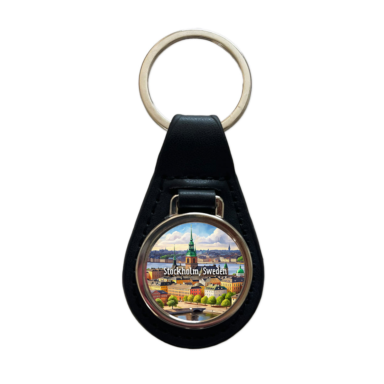 Stockholm, Sweden Travel City Country Stamp Black Leather Metal Keychain