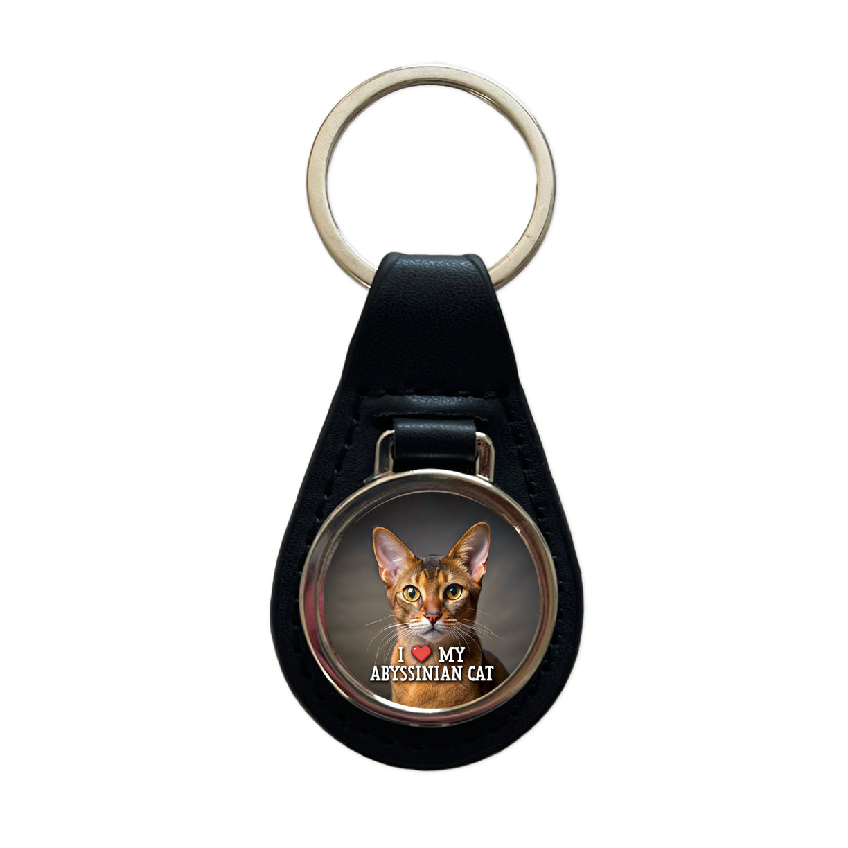 I Love My Abyssinian Cat Heart Black Leather Metal Keychain