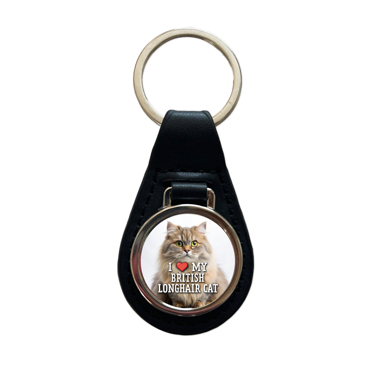I Love My British Longhair Cat Heart Black Leather Metal Keychain