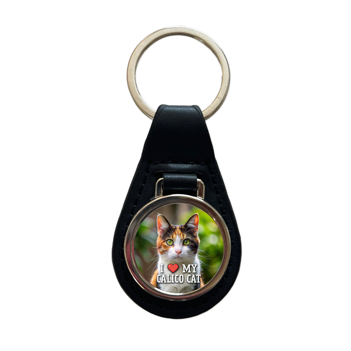 I Love My Calico Cat Heart Black Leather Metal Keychain