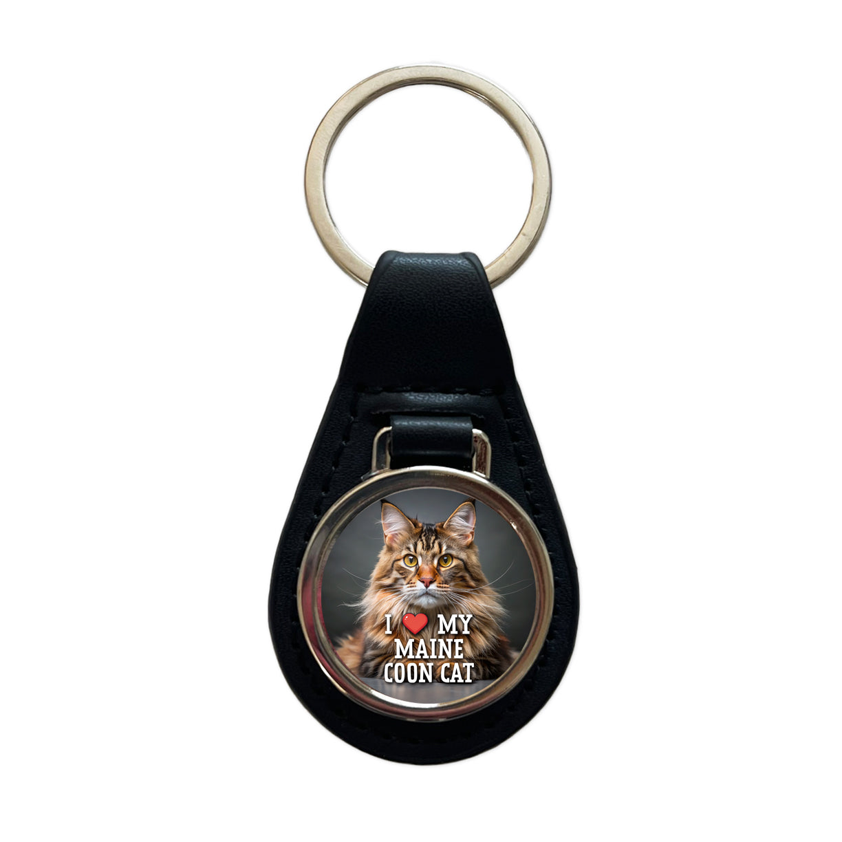 I Love My Maine Coon Cat Heart Black Leather Metal Keychain