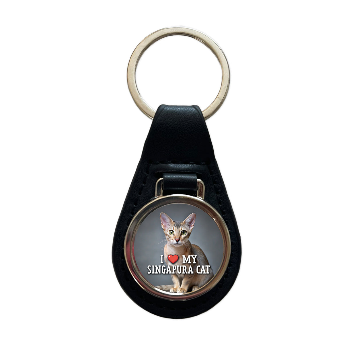 I Love My Singapura Cat Heart Black Leather Metal Keychain