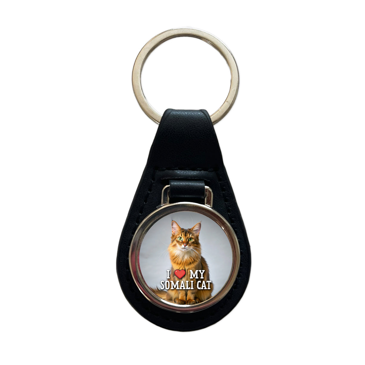 I Love My Somali Cat Heart Black Leather Metal Keychain