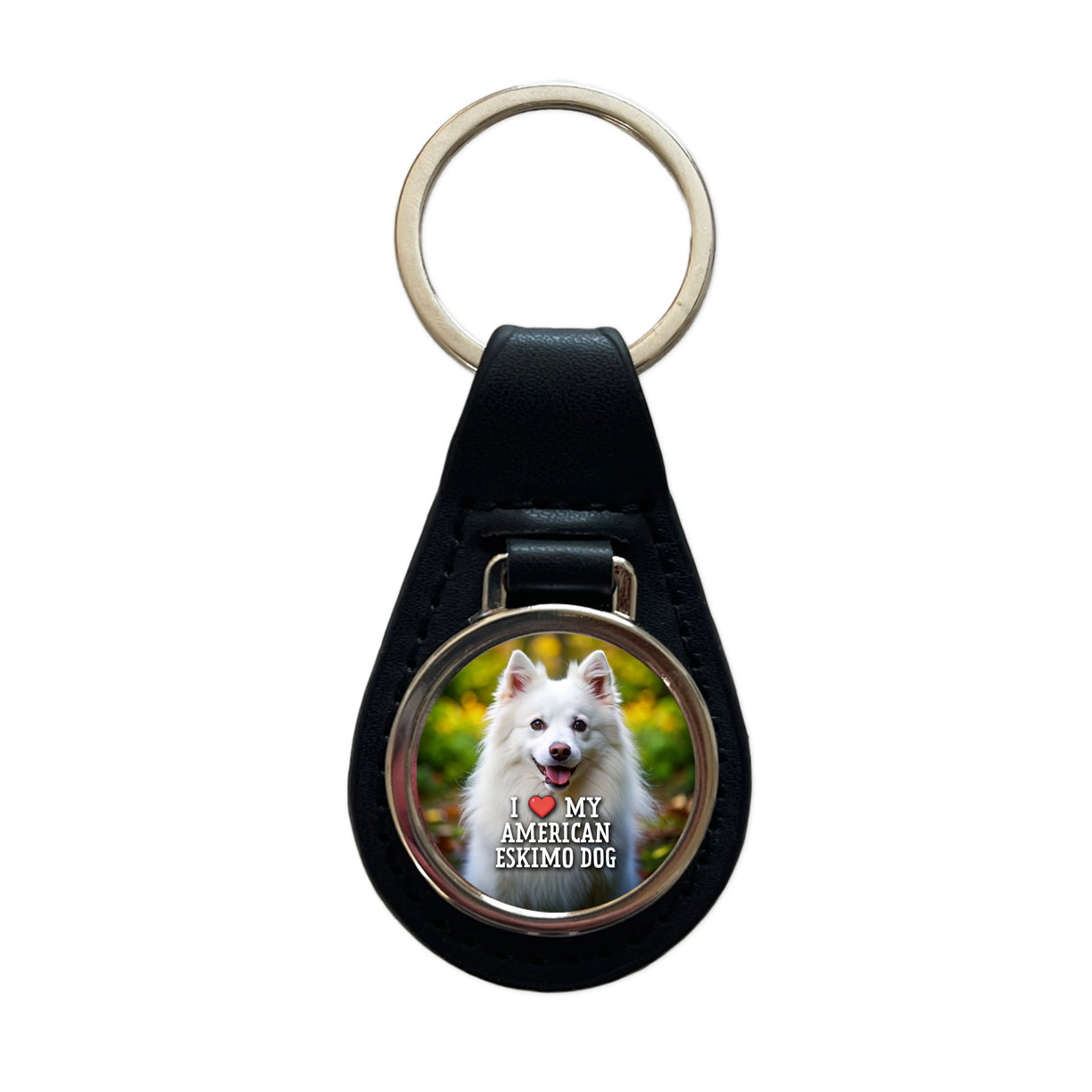 I Love My American Eskimo Dog Heart Black Leather Metal Keychain