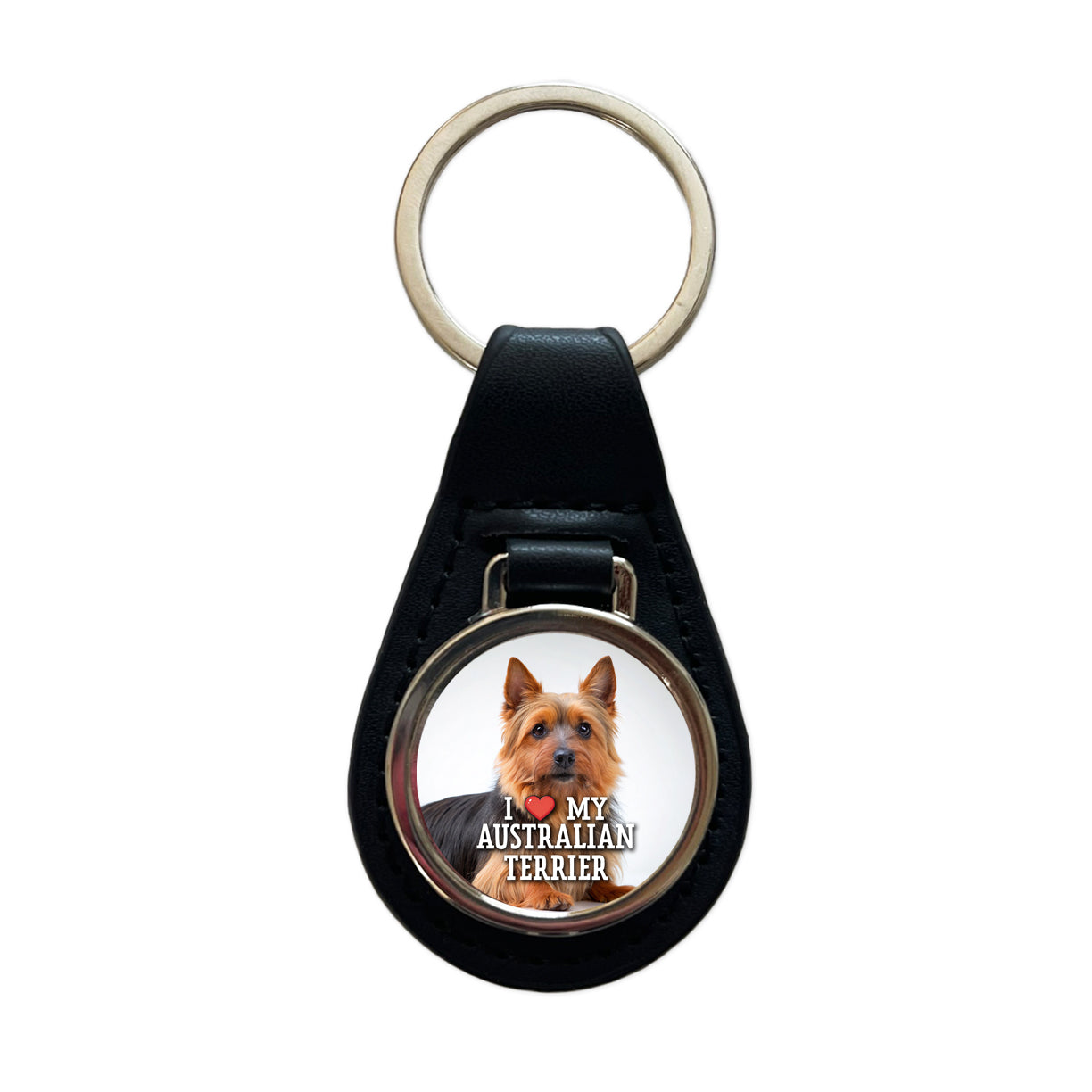 I Love My Australian Terrier Dog Heart Black Leather Metal Keychain