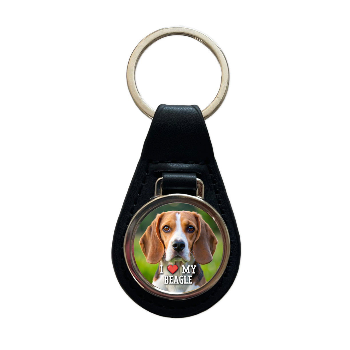 I Love My Beagle Dog Heart Black Leather Metal Keychain