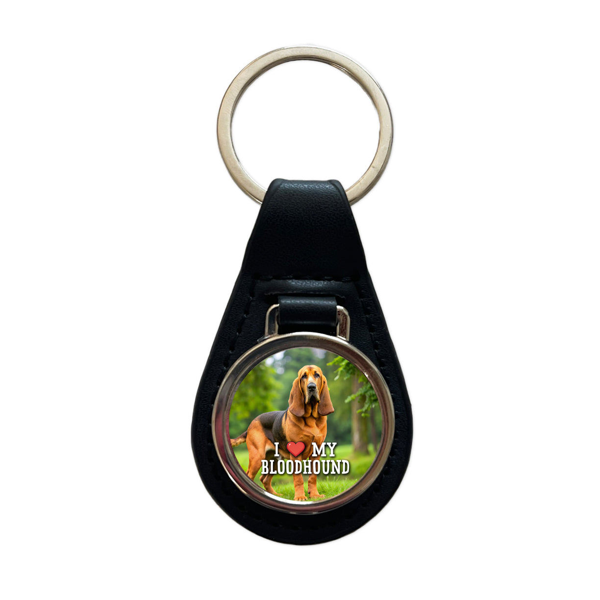 I Love My Bloodhound Dog Heart Black Leather Metal Keychain