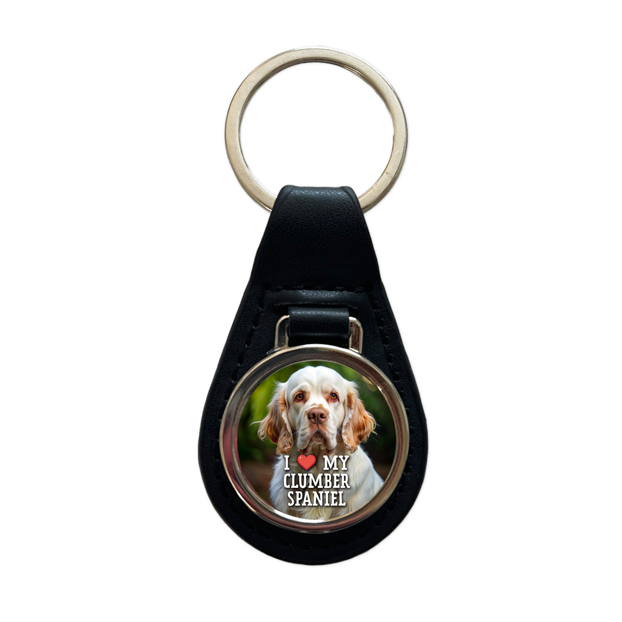 I Love My Clumber Spaniel Dog Heart Black Leather Metal Keychain
