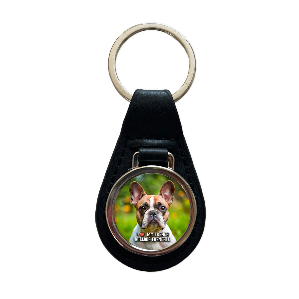 I Love My French Bulldog Frenchie Dog Heart Black Leather Metal Keychain