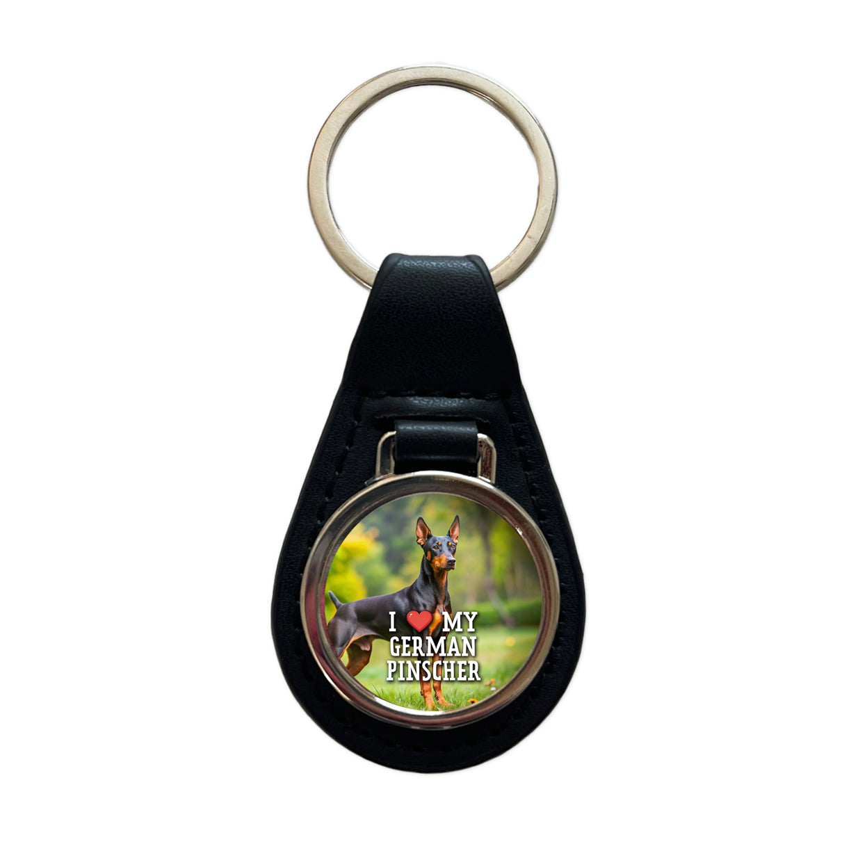 I Love My German Pinscher Dog Heart Black Leather Metal Keychain