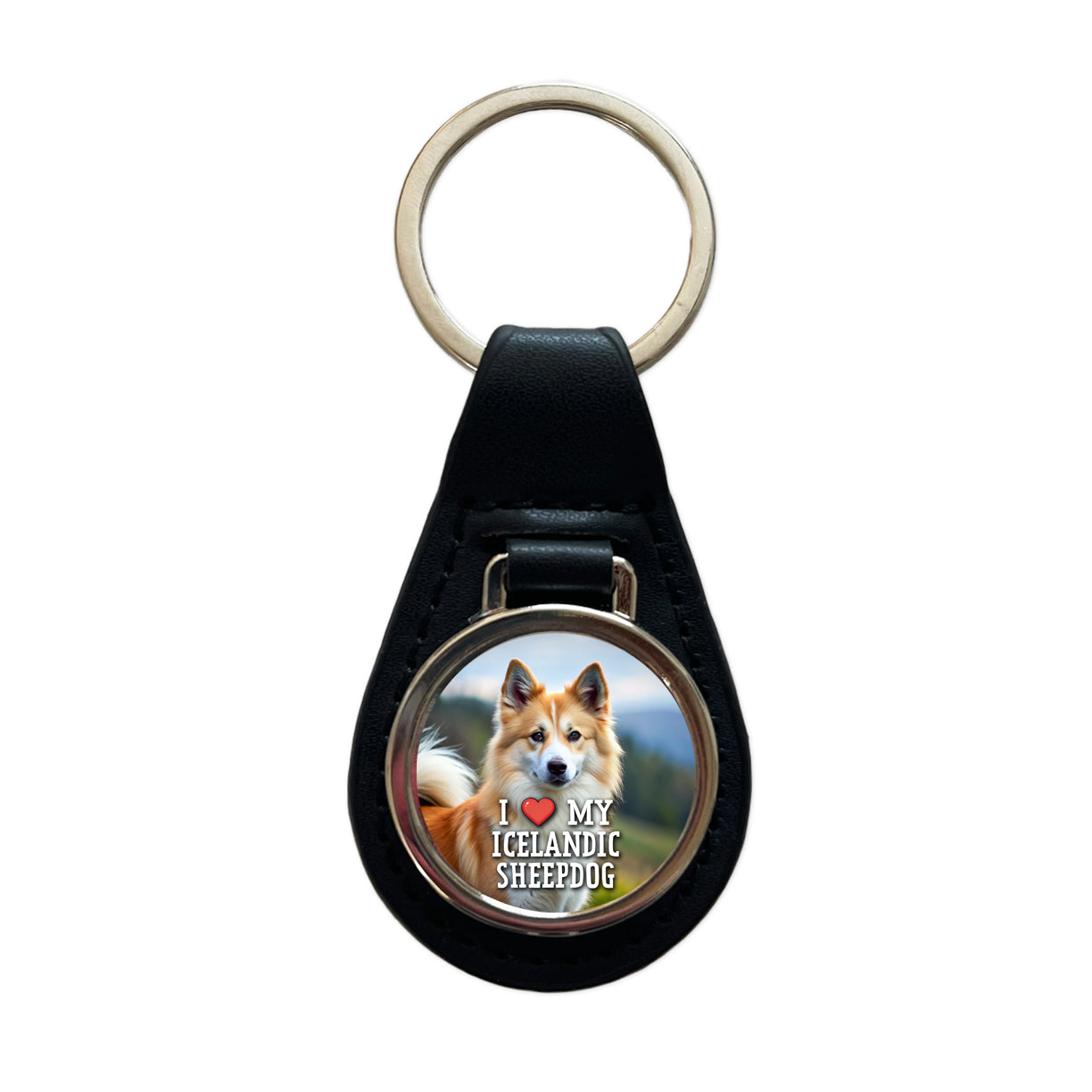 I Love My Icelandic Sheepdog Dog Heart Black Leather Metal Keychain