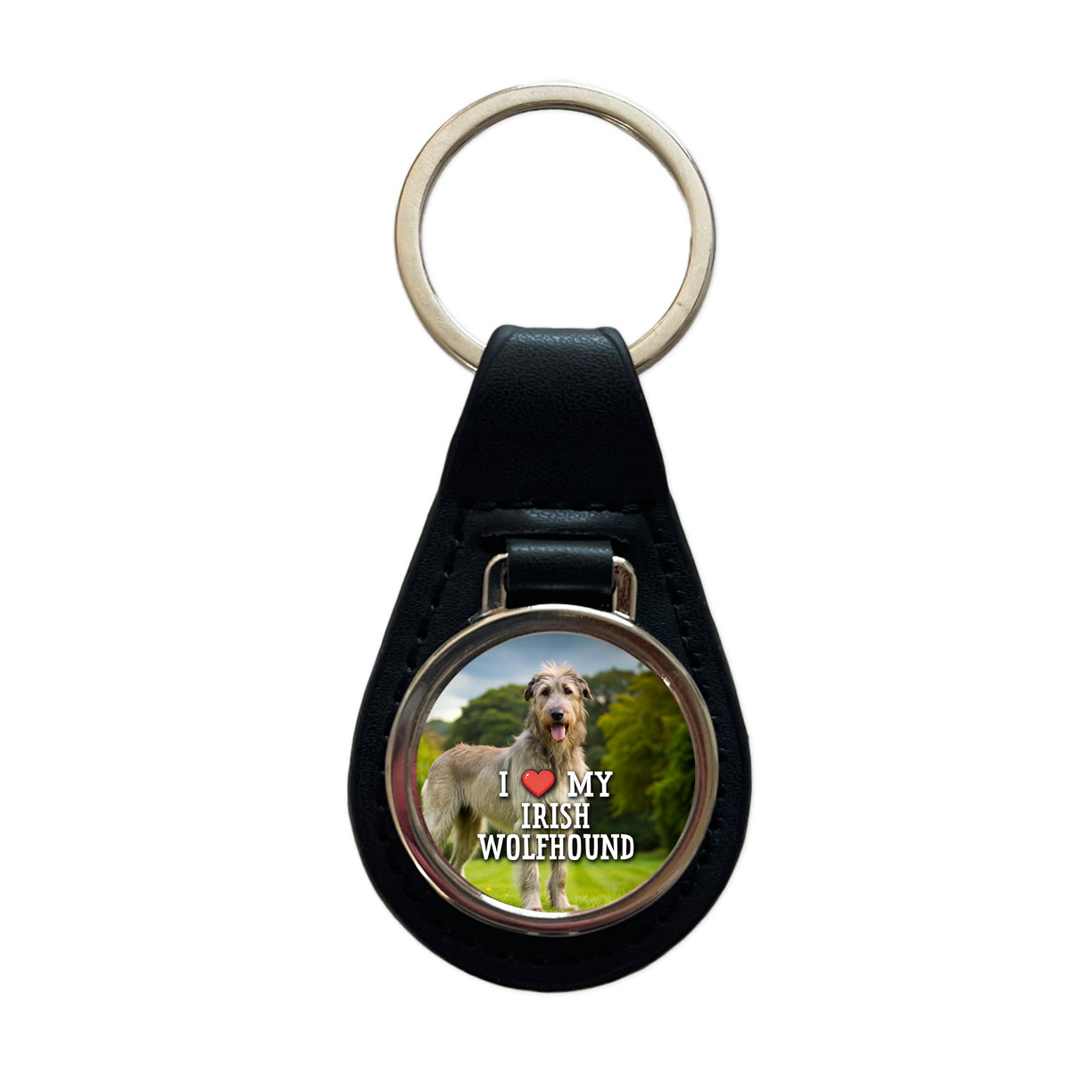 I Love My Irish Wolfhound Dog Heart Black Leather Metal Keychain