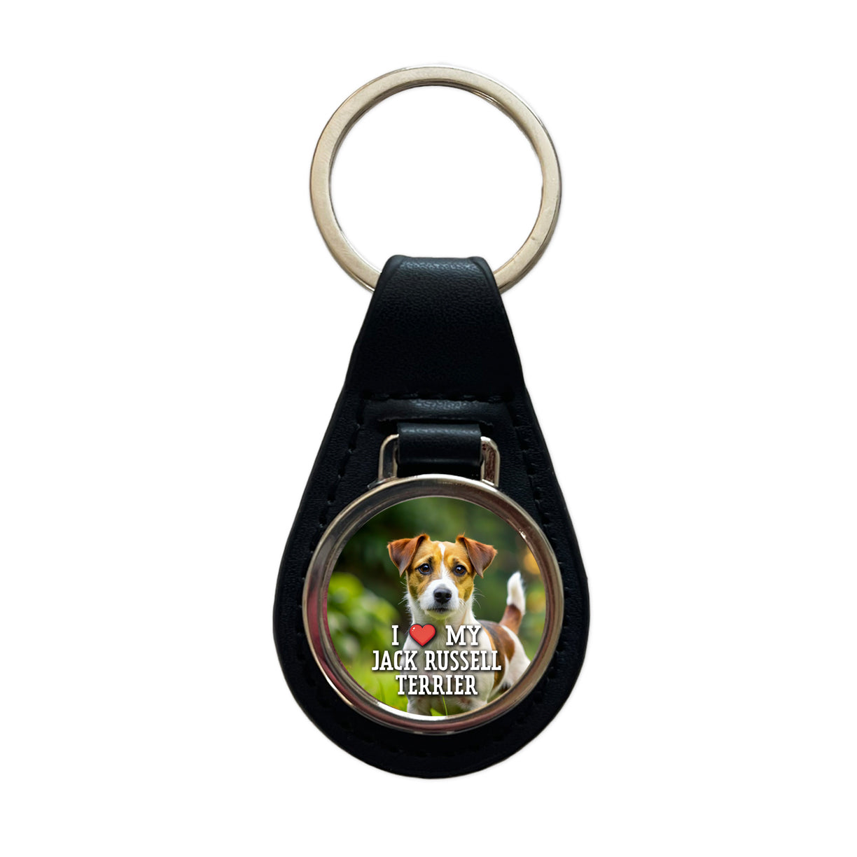 I Love My Jack Russell Terrier Dog Heart Black Leather Metal Keychain