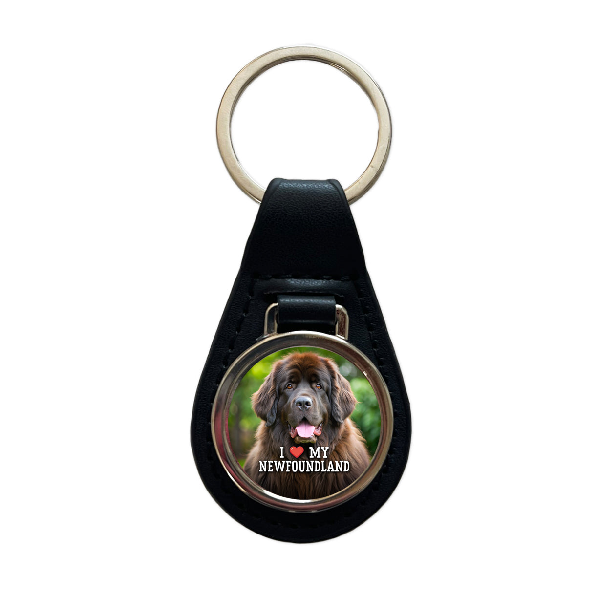 I Love My Newfoundland Dog Heart Black Leather Metal Keychain