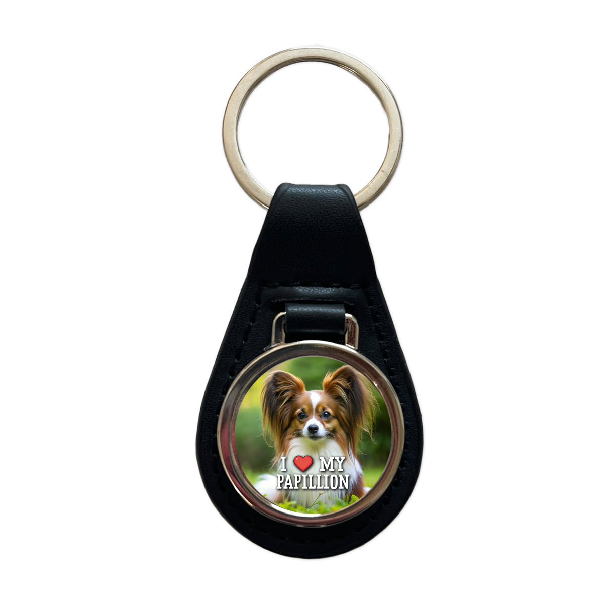 I Love My Papillion Dog Heart Black Leather Metal Keychain