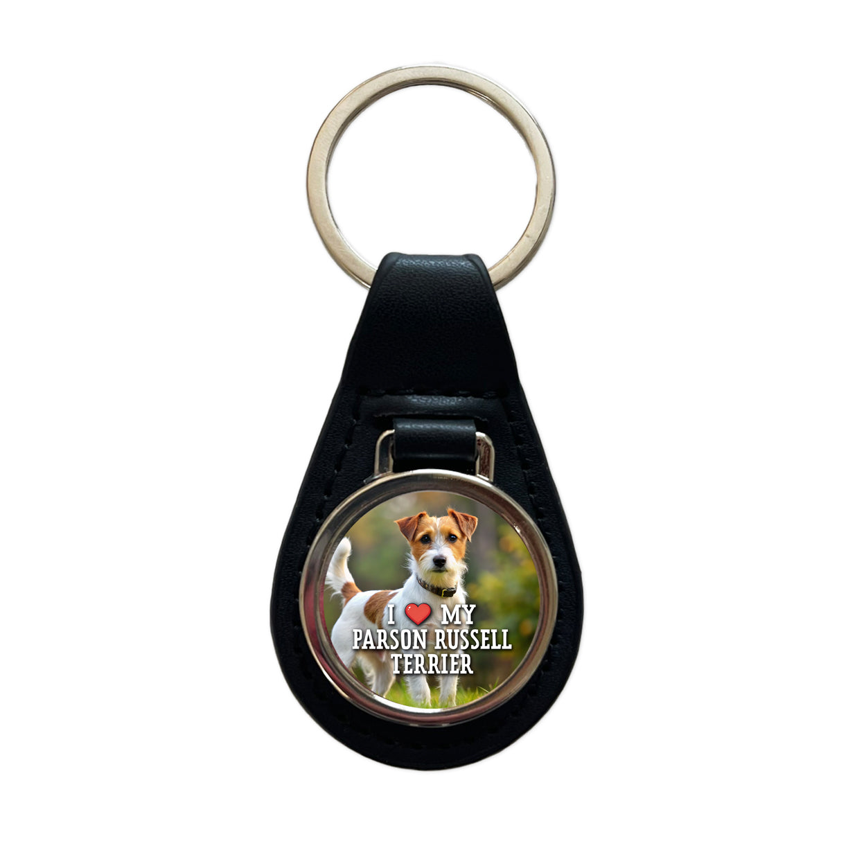 I Love My Parson Russell Terrier Dog Heart Black Leather Metal Keychain
