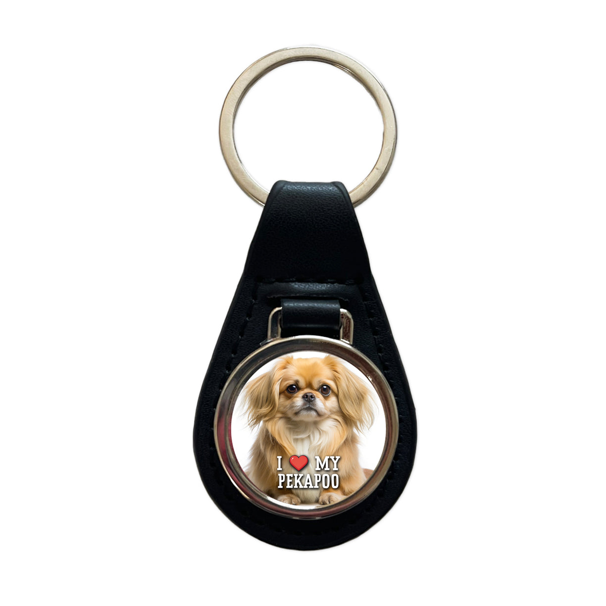 I Love My Pekapoo Dog Heart Black Leather Metal Keychain