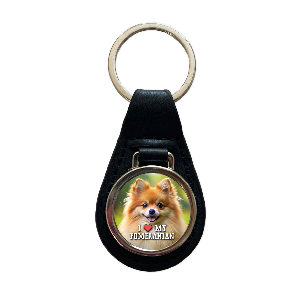I Love My Pomeranian Dog Heart Black Leather Metal Keychain