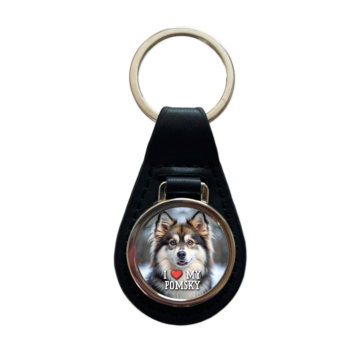 I Love My Pomsky Dog Heart Black Leather Metal Keychain