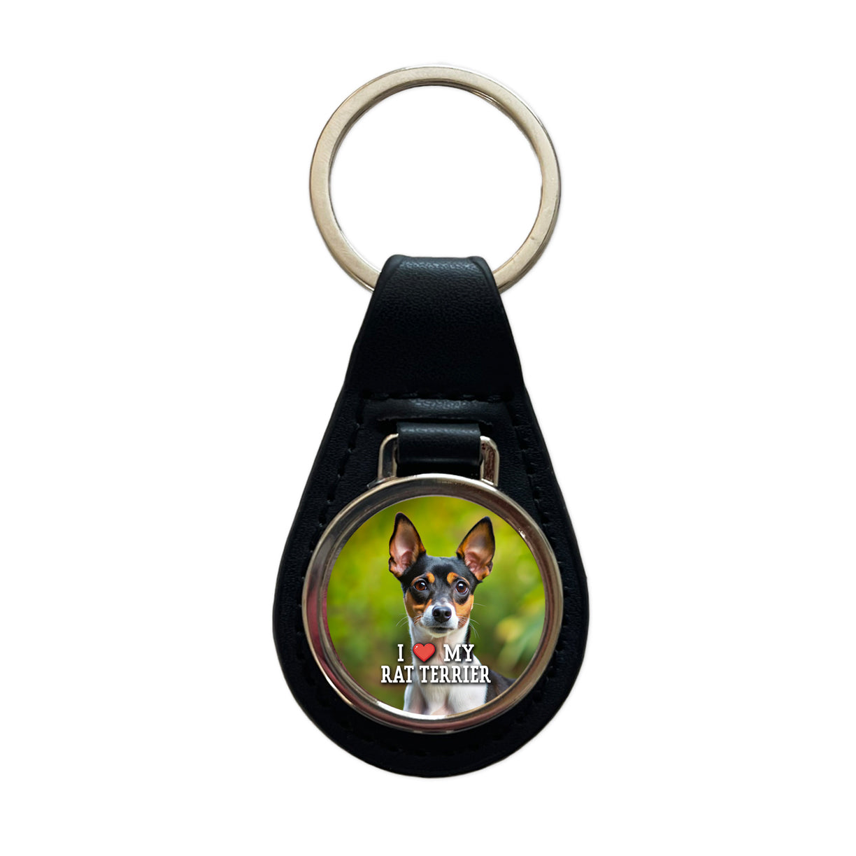 I Love My Rat Terrier Dog Heart Black Leather Metal Keychain