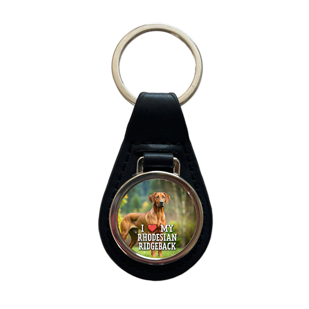 I Love My Rhodesian Ridgeback Dog Heart Black Leather Metal Keychain