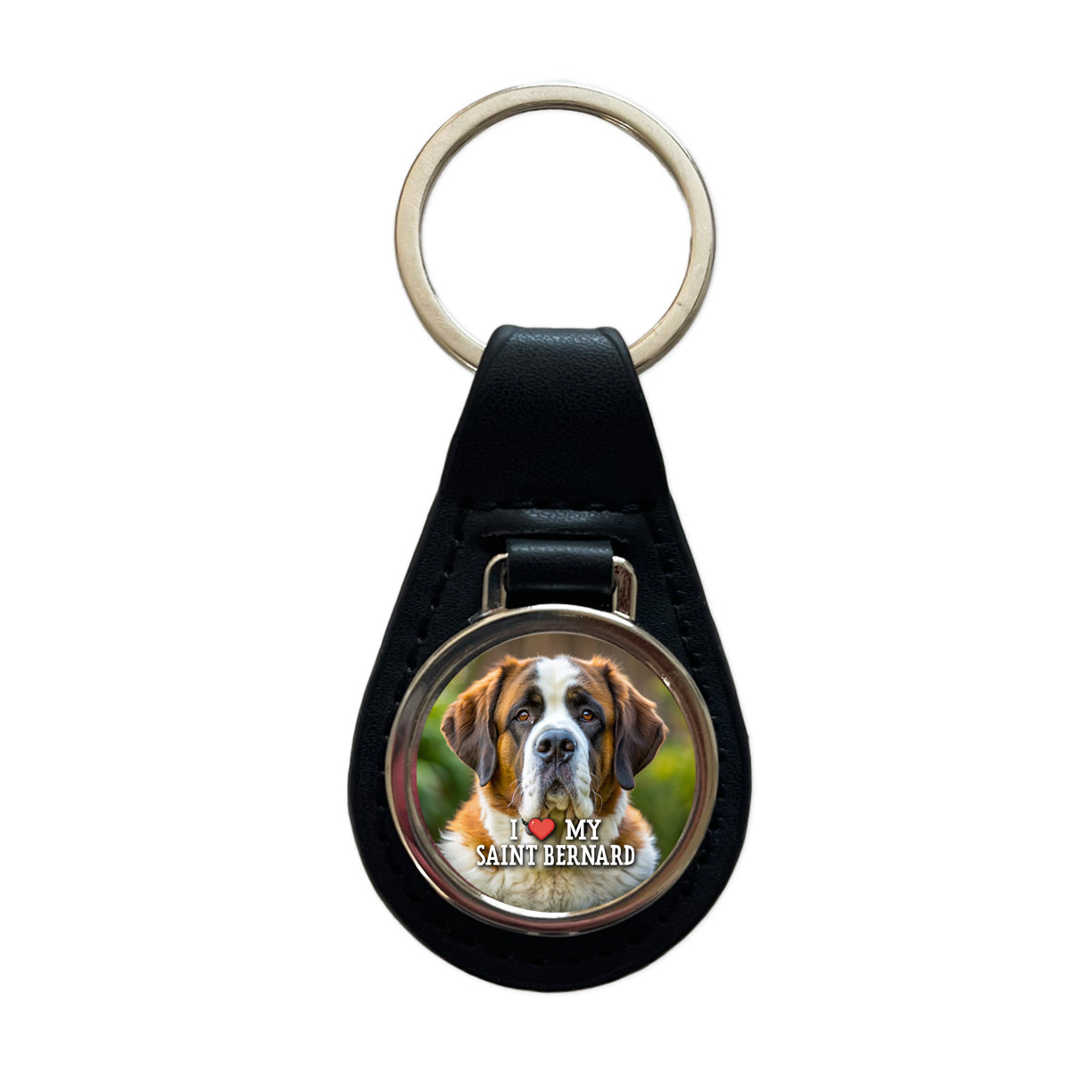 I Love My Saint Bernard Dog Heart Black Leather Metal Keychain