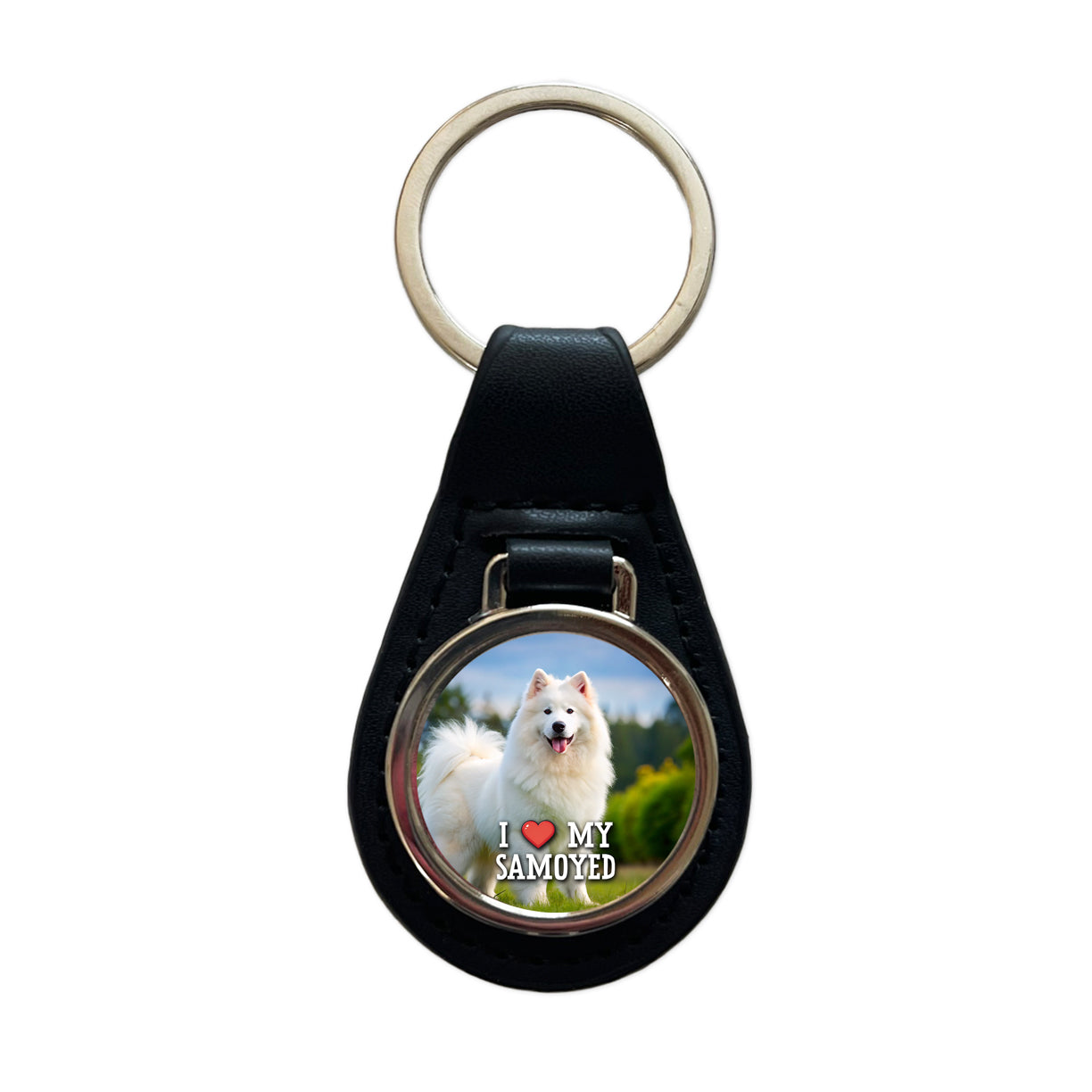 I Love My Samoyed Dog Heart Black Leather Metal Keychain