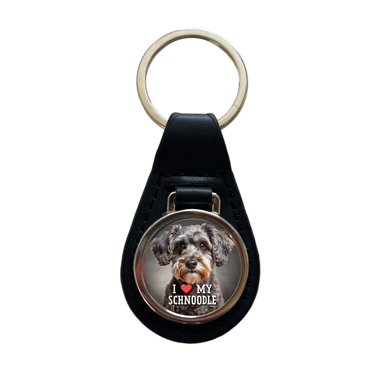 I Love My Schnoodle Dog Heart Black Leather Metal Keychain