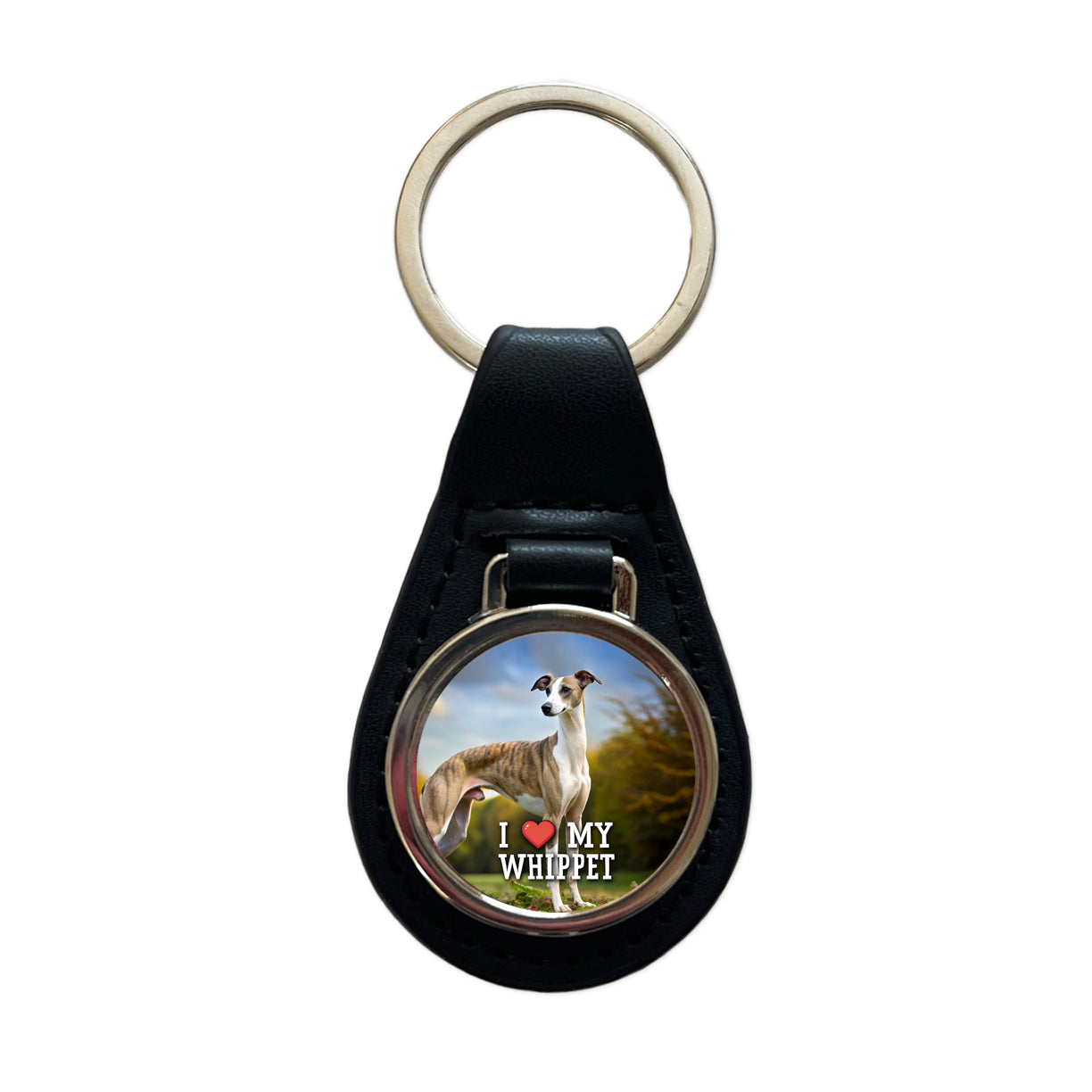 I Love My Whippet Dog Heart Black Leather Metal Keychain